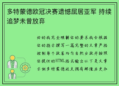 多特蒙德欧冠决赛遗憾屈居亚军 持续追梦未曾放弃 多特蒙德欧冠决赛遗憾屈居亚军 持续追梦未曾放弃